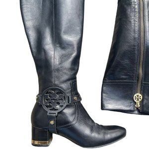 Tory Burch Black Leather Logo Riding Boots